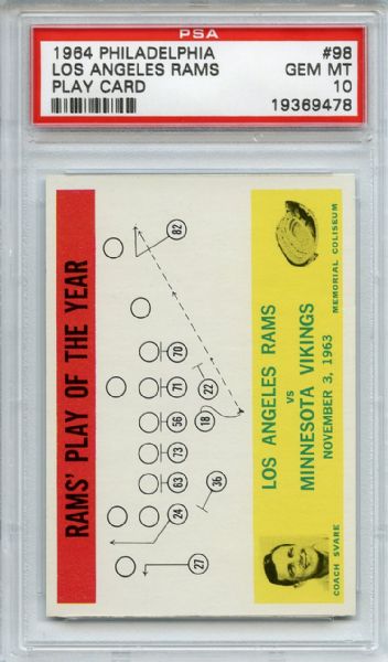 1964 Philadelphia 98 Los Angeles Rams Play Card PSA GEM MT 10