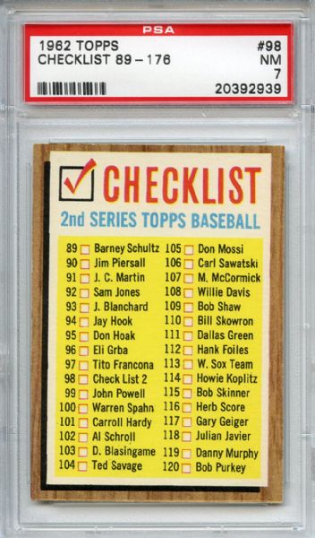 1962 Topps 98 2nd Series Checklist 89-176 PSA NM 7