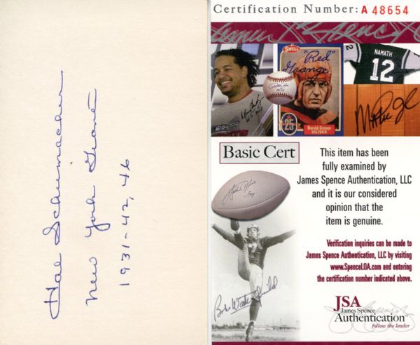 Hal Schumacher Signed 3 x 5 Index Card JSA COA