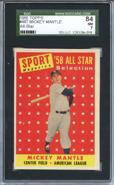 1958 Topps 487 Mickey Mantle All Star SGC NM 84 / 7