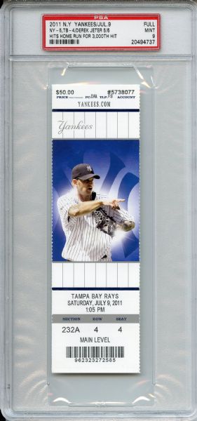 2011 New York Yankees July 9 Ticket Derek Jeter 3000th Hit PSA MINT 9