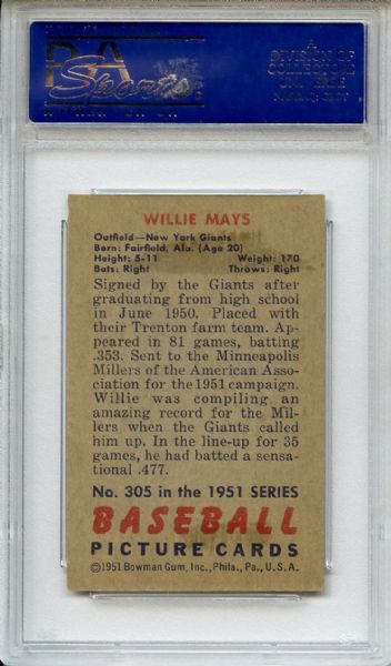 1951 Bowman 305 Willie Mays Rookie PSA EX-MT 6