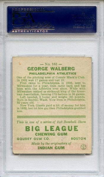 1933 Goudey 183 George Walberg PSA VG-EX 4
