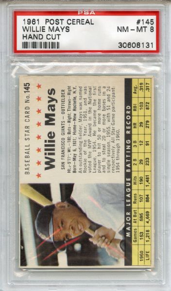 1961 Post Cereal Hand Cut 145 Willie Mays PSA NM-MT 8