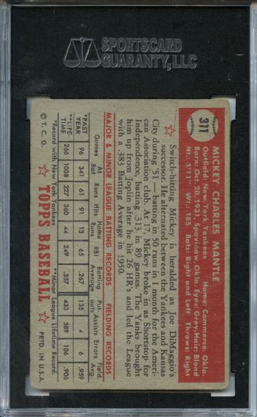 1952 Topps 311 Mickey Mantle Rookie SGC GOOD 30 / 2