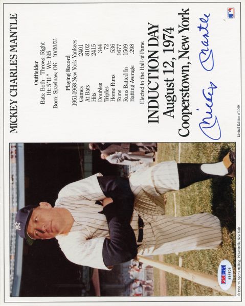 Mickey Mantle Signed 8 x 10 HOF Induction Photo PSA/DNA LOA