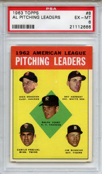 1963 Topps 8 AL Pitching Leaders Bunning PSA EX-MT 6