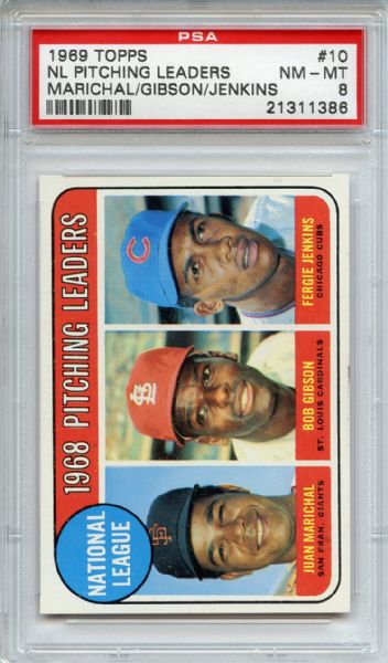 1969 Topps 10 NL Pitching Leaders Marichal Gibson Jenkins PSA NM-MT 8