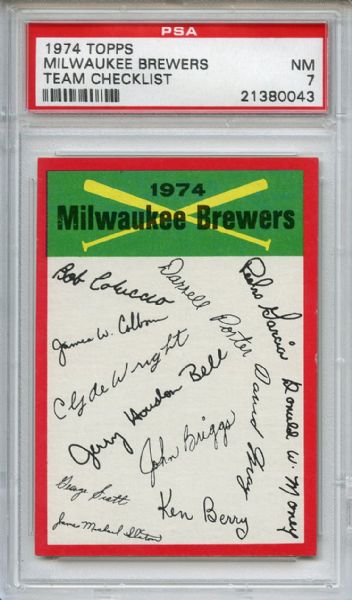 1974 Topps Team Checklist Milwaukee Brewers PSA NM 7