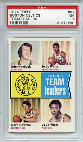 1974 Topps 82 Boston Celtics Leaders Havlicek White Cowens PSA NM 7