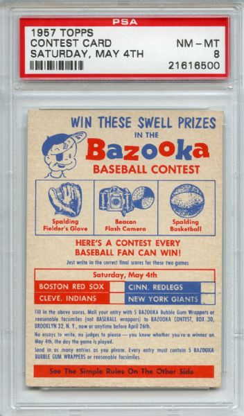 1957 Topps Contest Card Saturday, May 4th PSA NM-MT 8