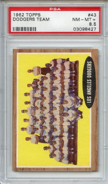 1962 Topps 43 Los Angeles Dodgers Team Card PSA NM-MT+ 8.5