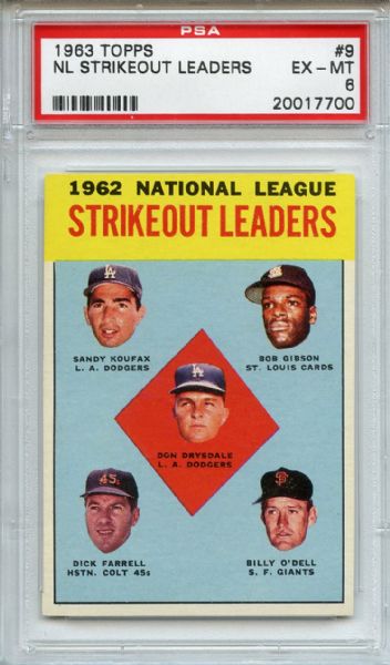 1963 Topps 9 NL Strikeout Leaders Drysdale Koufax Gibson PSA EX-MT 6