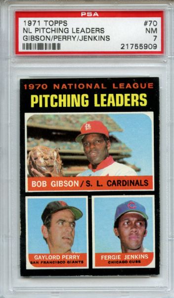 1971 Topps 70 NL Pitching Leaders Gibson Perry Jenkins PSA NM 7
