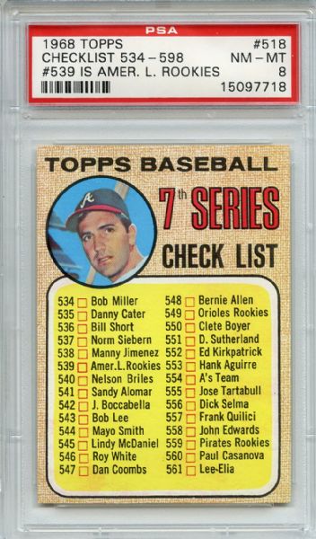 1968 Topps 518 7th Series Checklist PSA NM-MT 8