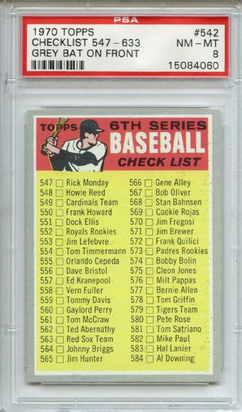 1970 Topps 542 6th Series Checklist Brown Bat PSA NM-MT 8