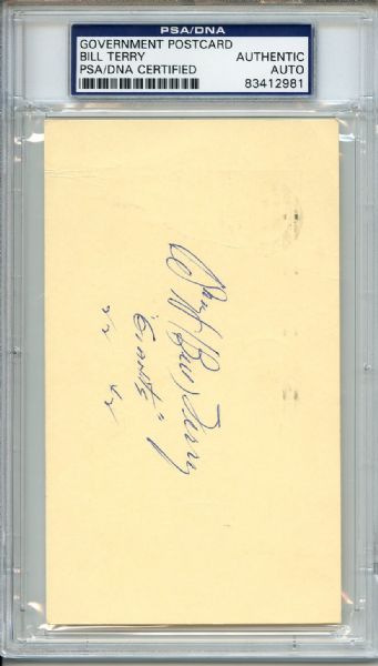 Bill Terry Signed Government Postcard PSA/DNA