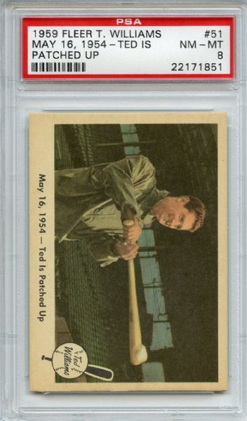 1959 Fleer Ted Williams 51 Ted Is Patched Up PSA NM-MT 8