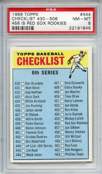 1966 Topps 444 6th Series Checklist 456 is Red Sox Rookies PSA NM-MT 8