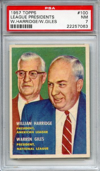 1957 Topps 100 League Presidents Harridge Giles PSA NM 7