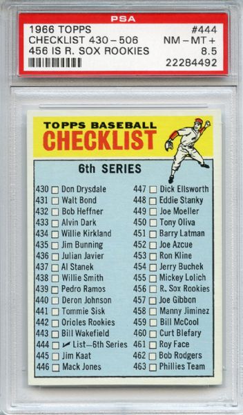 1966 Topps 444 6th Series Checklist 456 R. Sox Rookies PSA NM-MT+ 8.5