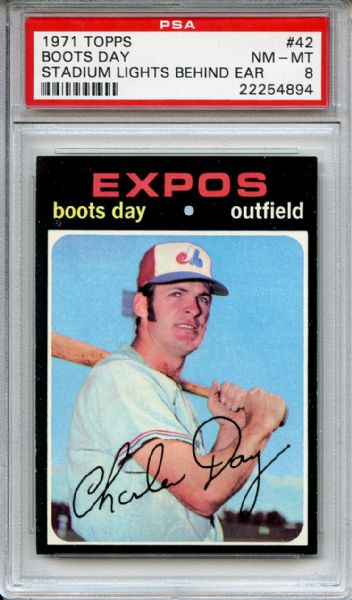 1971 Topps 42 Boots Day Stadium Lights Behind Ear PSA NM-MT 8