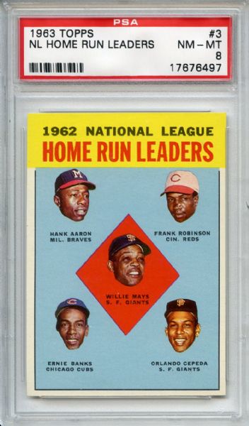 1963 Topps 3 NL Home Run Leaders Mays Aaron Robinson Banks Cepeda PSA NM-MT 8