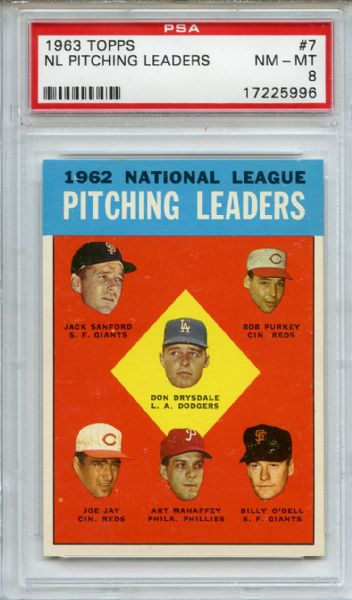 1963 Topps 7 NL Pitching Leaders Drysdale PSA NM-MT 8