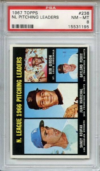 1967 Topps 236 NL Pitching Leaders Koufax Marichal Gibson Perry PSA NM-MT 8