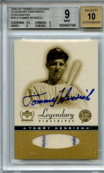 2000 UD Yankees Legendary Pinstripes Tommy Henrich Autograph w/ GU Jersey BGS MINT 9 Auto 10