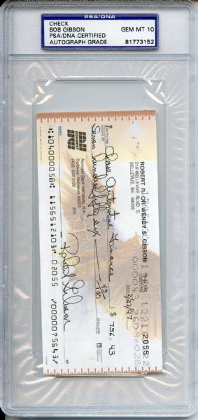 Bob Gibson Signed Personal Check PSA/DNA GEM MT 10