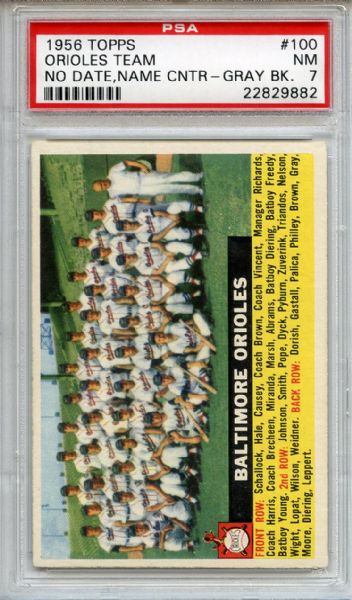 1956 Topps 100 Orioles Team No Date, Name Centered Gray Back PSA NM 7