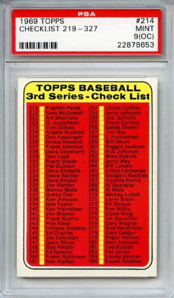 1969 Topps 214 3rd Series Checklist PSA MINT 9 (OC)