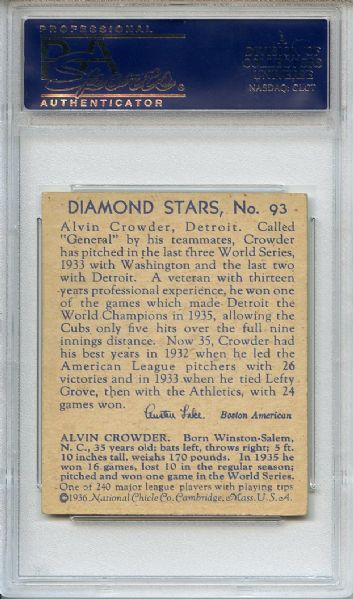 1936 Diamond Stars 93 Alvin Crowder PSA EX 5
