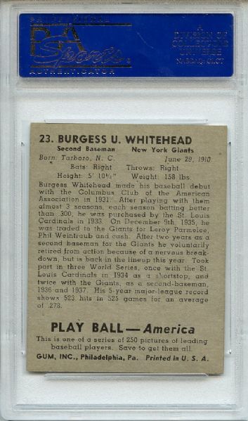 1939 Play Ball 23 Burgess Whitehead PSA EX-MT 6