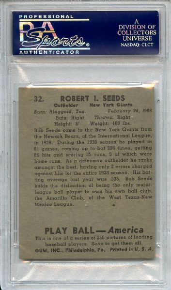 1939 Play Ball 32 Bob Seeds PSA EX-MT 6