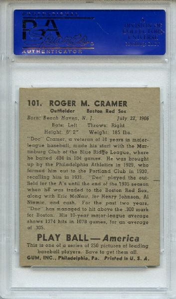 1939 Play Ball 101 Doc Cramer PSA EX-MT 6