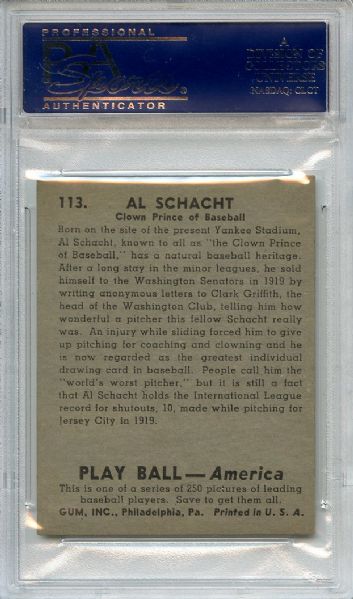 1939 Play Ball 113 Al Schacht PSA EX-MT 6