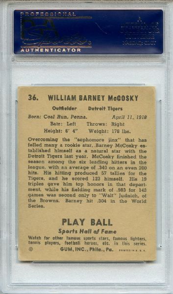 1941 Play Ball 36 Barney McCosky PSA EX 5