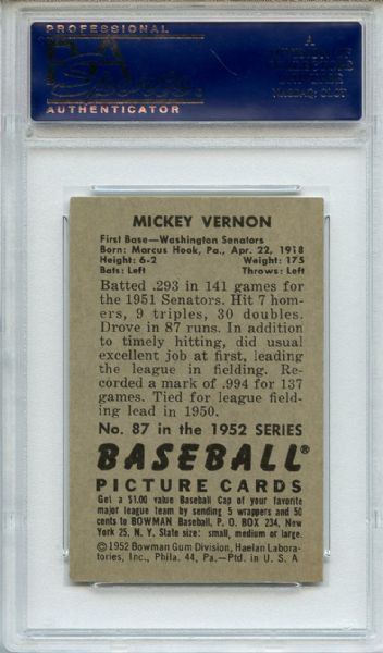 1952 Bowman 87 Mickey Vernon PSA EX-MT 6