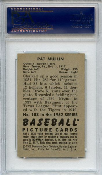 1952 Bowman 183 Pat Mullin PSA NM 7