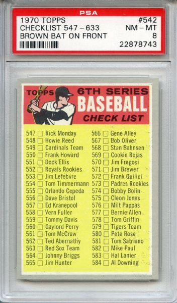 1970 Topps 542 6th Series Checklist Brown Bat PSA NM-MT 8