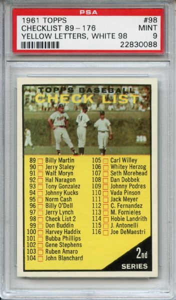 1961 Topps 98 2nd Series Checklist Yellow Letters PSA MINT 9
