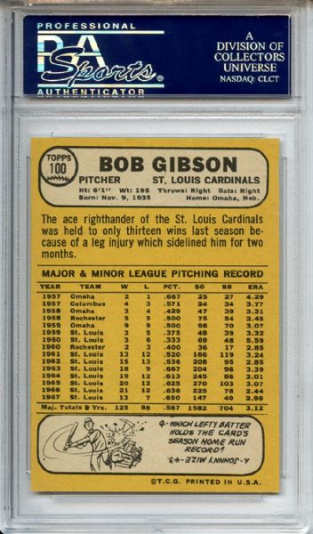 1968 Topps 100 Bob Gibson PSA GEM MT 10