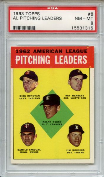 1963 Topps 8 AL Pitching Leaders Jim Bunning PSA NM-MT 8