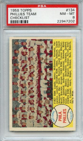 1958 Topps 134 Philadelphia Phillies Team PSA NM-MT 8