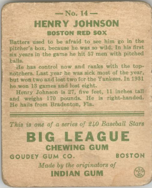 1933 Goudey 14 Henry Johnson RC POOR #D218227