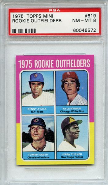 1975 Topps Mini 619 Rookie Outfielders PSA NM-MT 8