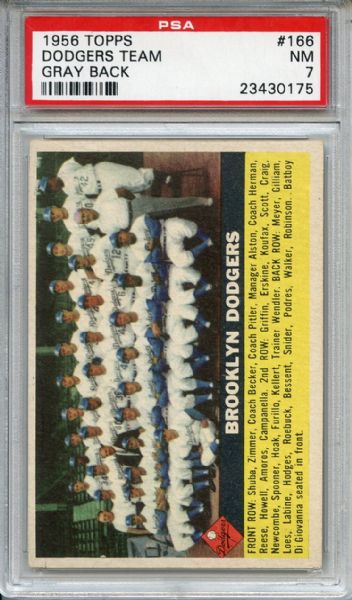1956 Topps 166 Brooklyn Dodgers Team Card Gray Back PSA NM 7