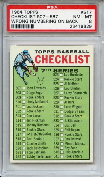 1964 Topps 517 7th Series Checklist Wrong Numbering on Back PSA NM-MT 8